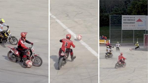 Motosiklet üzerinde futbol mantığıyla oynanan motoball izleyicilerine eğlenceli anlar vadediyor.