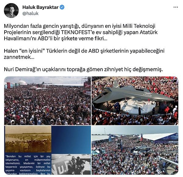 "Halen en iyisini Türklerin değil de ABD şirketlerinin yapabileceğini zannetmek… Nuri Demirağ’ın uçaklarını toprağa gömen zihniyet hiç değişmemiş" sözleriyle Kemal Kılıçdaroğlu'na tepki göstermişti.