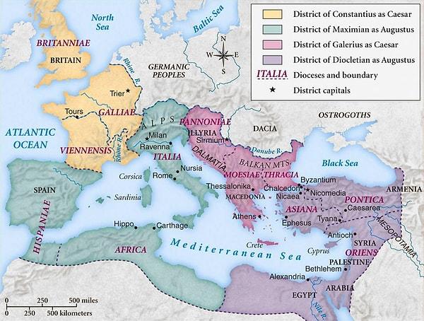 Konstantin, Roma İmparatorluğu'nu tek başına yöneten ilk imparator olan Diokletianus'un dört kişilik tetrarşi yönetiminden sonra, imparatorluğu yeniden birleştiren ve Hristiyanlığı destekleyen bir hükümdardı.