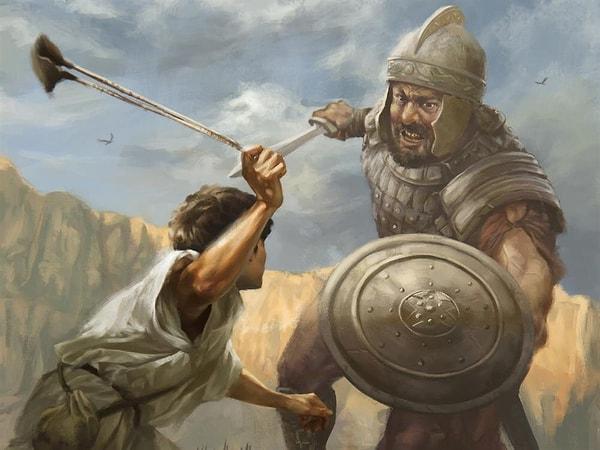 Davud, Kral Talut'un zırhını giymeyi reddeder ve sadece taş fırlatabileceği bir sapan ile savaşmaya karar verir.