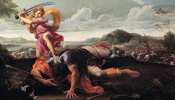 Bu darbeyle Golyat yere düşer ve Davud, dev savaşçının kendi kılıcıyla başını keserek galip gelir.