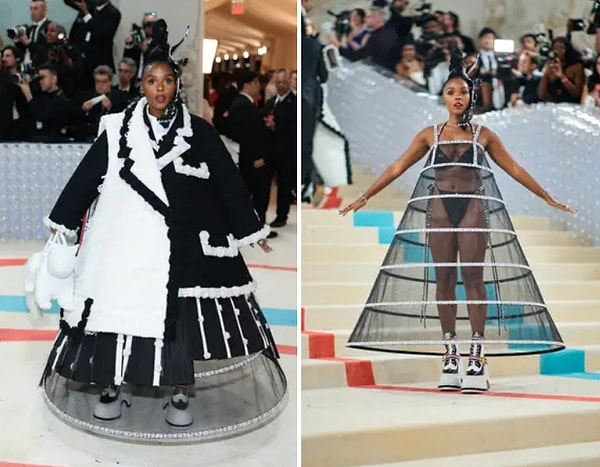 14. Негабаритный черно-белый жакет Thom Browne Жанель Монэ — очевидный намек на черно-белую эстетику Лагерфельда Chanel