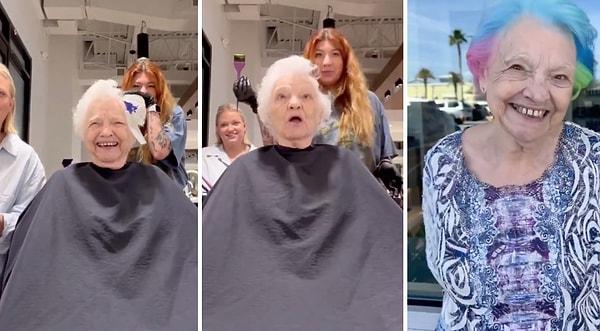 Bir büyükanne, torununun kuaför salonuna giderek saçlarını rengarenk boyattı.