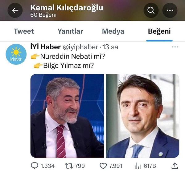 Kılıçdaroğlu, bugün ise bir sosyal medya hesabından paylaşılan Nureddin Nebati ile Bilge Yılmaz karşılaştırmasını beğendi.