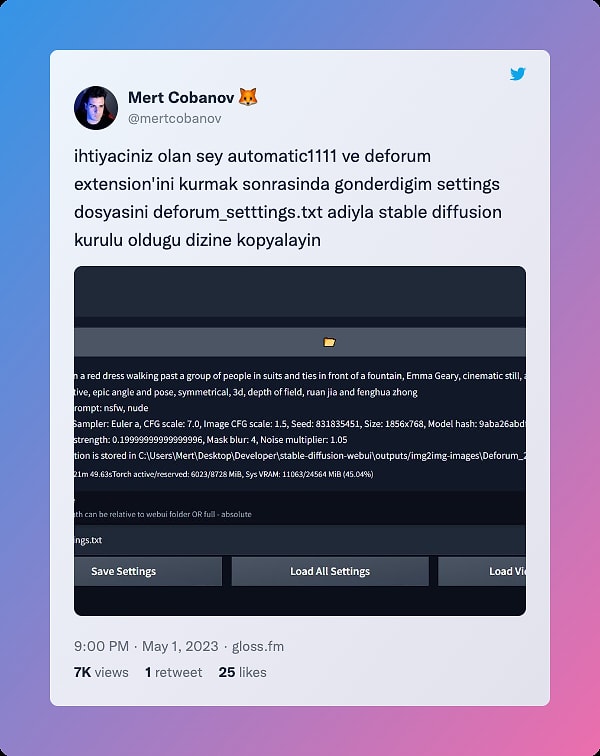 "Automatic1111" ve "deforum extension"ini kurun. Sonrasında "settings" dosyasını "deforum_setttings.txt" adiyla "stable diffusion" kurulu olduğu dizine kopyalayın.