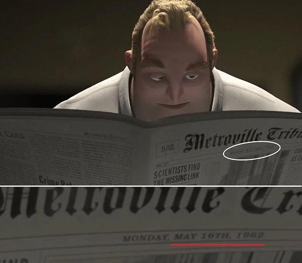 2. The Incredibles (2004) filmindeki gazetede yer alan tarihe baktığımızda film 1962 yılında geçiyor.