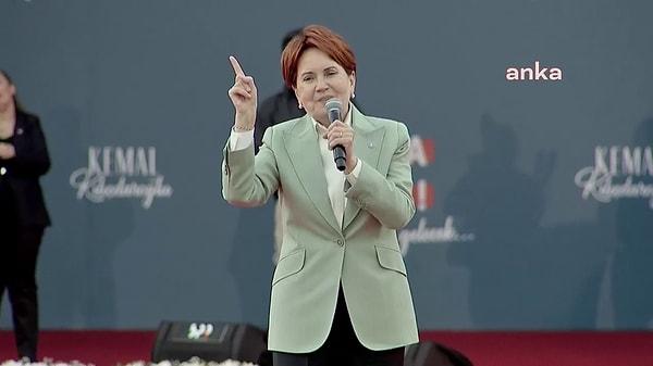 "Sayın Kılıçdaroğlu, 13. Cumhurbaşkanı olacak. Ben de… ‘Başbakan Meral’ diyorsunuz ya. Oylarınızla başbakan olmak istiyorum. Bizim Anadolu’da yaptığımız bütün mitinglerde İYİ Parti seçmeninden tek bir şey istiyorum ben: Bir oy Kemal’e bir oy Meral’e"