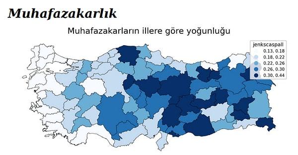 çeşitli ideolojik görüşlerden seçmenlerin hangi şehirlerde daha yoğun olduğu da araştırmanın konusu olmuştur. Buna göre muhafazakarlığın yoğun olduğu iller Kastamonu, Kırıkkale ve Yozgat gibi illerimiz olduğu görülüyor.