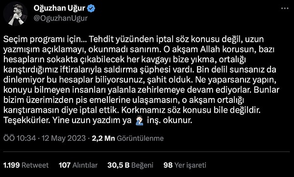 Yaşananların ardından yeni bir paylaşım daha yapan Uğur, 'Seçim Özel' programının tehdit yüzünden iptal edilmediğini belirten bir açıklama daha yaptı.