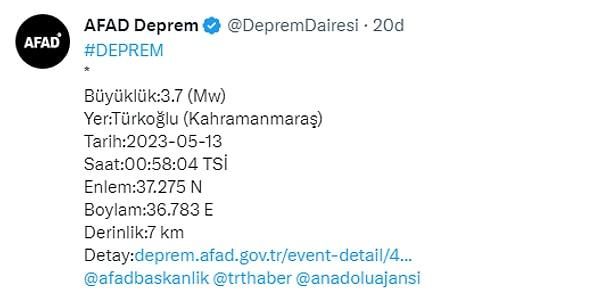 İkinci deprem 00:58'de Kahramanmarak Türkoğlu'nda oldu. AFAD'dan verilen bilgilere göre bu deprem de 7 km derinlikte oldu, büyüklüğü de 3,7.