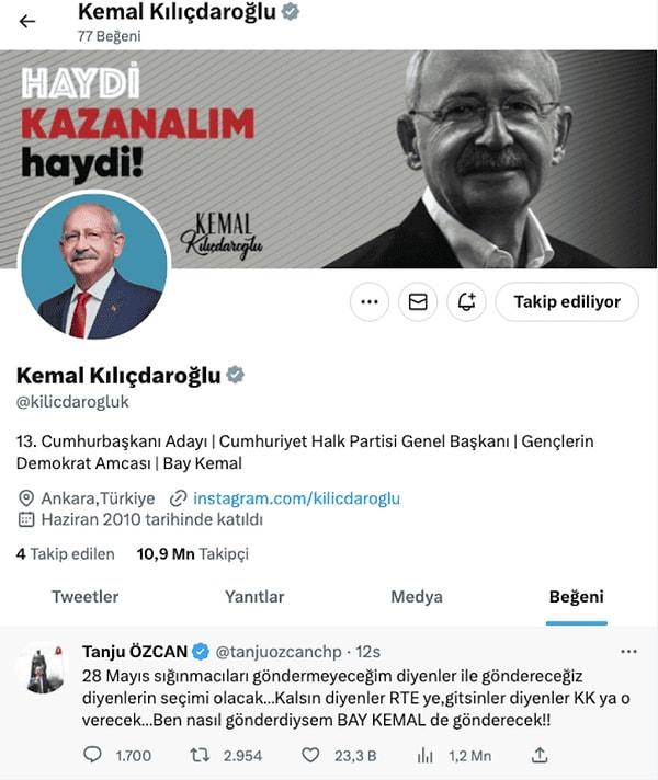 Kılıçdaroğlu'nun Tanju Özcan'ın tweetini beğendiği görüldü ⬇️