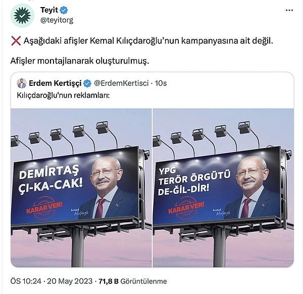 Mesela AK Partili bir meclis üyesi, montajlı olduğunu bildiği hâlde bu afişleri Kemal Kılıçdaroğlu'nun seçim afişiymiş gibi paylaşmış; yepyeni bir tartışmanın fitilini ateşlemişti.