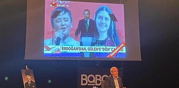 Seyircilerden birinin FETÖ hakkında soru sorması üzerine ise Kılıçdaroğlu, Cumhurbaşkanı Erdoğan'ın sözlerini salona dinletti.