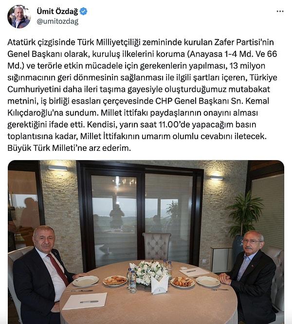 Ümit Özdağ da "Türkiye Cumhuriyetini daha ileri taşıma gayesiyle oluşturduğumuz mutabakat metnini, iş birliği esasları çerçevesinde CHP Genel Başkanı Sn. Kemal Kılıçdaroğlu'na sundum." ifadeleriyle görüşmeden bu fotoğrafı yayınlamıştı.