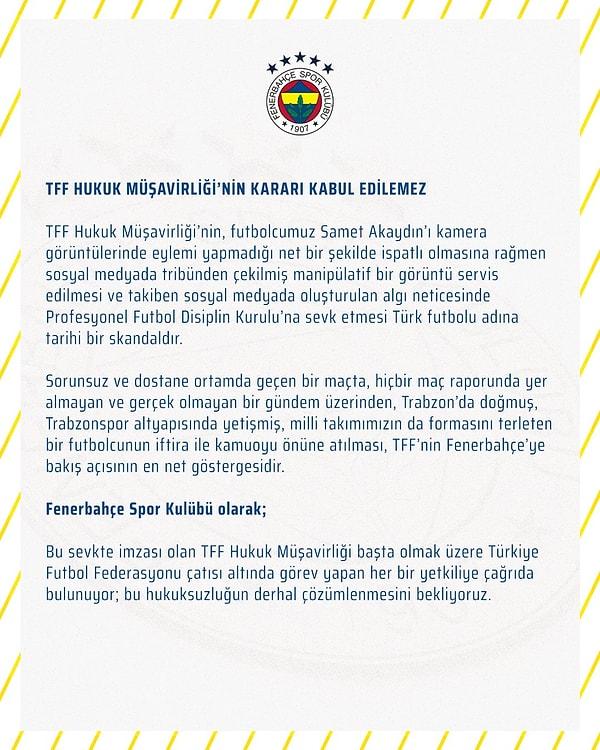 Fenerbahçe Spor Kulübü yaptığı açıklamada durumu tarihi bir skandal olarak niteledi.
