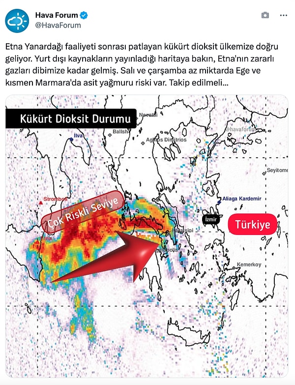 Meteorolojik forum sitesi olan HavaForum'da Salı ve Çarşamba günleri Ege ve Marmara'da asit yağmuru riski olabileceği paylaşımı insanları endişelendirdi.