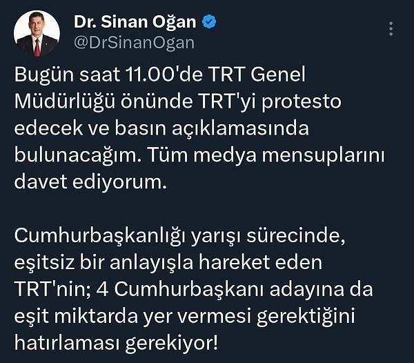 Seçimin ilk turunda TRT'nin dört Cumhurbaşkanı adayına eşit zaman vermediği de Sinan Oğan tarafından eleştirilen konulardan bir tanesiydi.