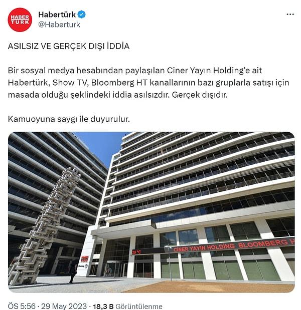 Ciner Medya Grubu, Habertürk resmi Twitter hesabından jet hızıyla satış görüşmelerini yalanladı.