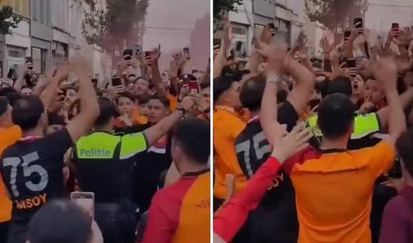Belçika'da yaşayan Galatasaray taraftarları sokağa çıkıp kutlama yaparken, karşılaştıkları Belçika polisine de üçlü çektirdiler.