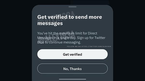 Yeni sürümden yakalanan bir ekran görüntüsü, Twitter'daki normal kullanıcıların günlük belirli bir mesaj kotası olacağını ve söz konusu kota aşıldığında ertesi güne kadar diğer kullanıcılara mesaj atamayacağını gösteriyor.