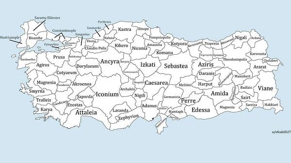 Anadolu coğrafyası kozmopolit yapısıyla yüzyıllardır var olagelmiştir. Bugün kullandığımız kent isimlerinin çoğunun kökeni Latince ve Yunanca gibi dillerden gelmektedir. Haritayı incelediğinizde bunu fark edebilirsiniz.