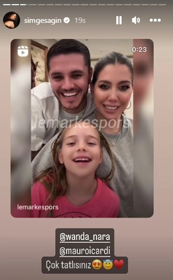 Simge Sağın ise o anları ''Çok tatlısınız'' notunu ekleyerek Instagram hesabında paylaştı. Mauro Icardi, Simge Sağın'ın paylaşımını hikayesine ekledi.