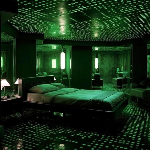 12. "Matrix" filminden ilham alınarak tasarlanan bir yatak odası.