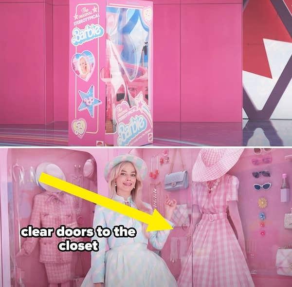 Giysi ve aksesuarların bir Barbie kutusunun içinde olduğu hissini vermek için cam kapılar tercih edilmiş.