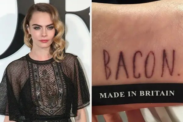 5. У Кары Делевинь есть несколько татуировок, в том числе слово «Бэкон…» на подошве ноги