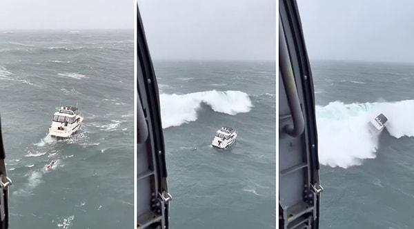 Fırtınada, okyanusun ortasında kalan bir tekneye, yardım için gönderildiği tahmin edilen bir kişi yaklaştığı sırada alabora oldu.