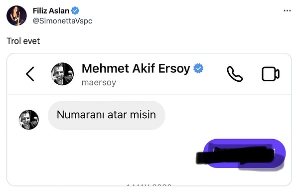 Filiz Aslan da Mehmet Akif Ersoy'un kendisinden telefon numarasını istediği başka bir mesajı paylaştı.