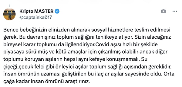 "Bence bebeğinizin elinizden alınarak sosyal hizmetlere teslim edilmesi gerek."