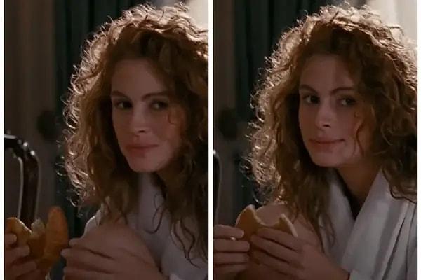 2. Pretty Woman'da, Julia Roberts'ın kahvaltı yaptığı sahnede, kamera onu ilk gösterdiğinde pankek yerken, ikinci de kruvasan yiyor.