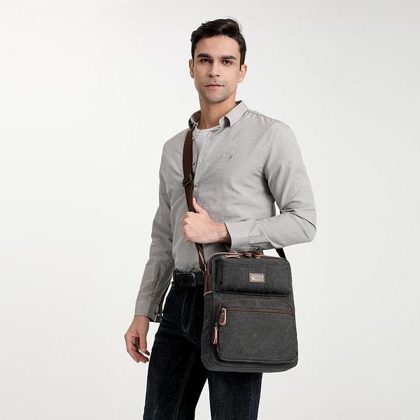 10. Kanvas kumaş postacı çantası görünümlü omuz çantası, büyük çanta seven erkekler için gelsin.