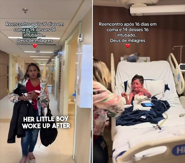 Hastanede tedavi gören ve 16 gün sonra komadan uyanan çocuğuna koşan ve sarılan annenin o anları viral oldu.