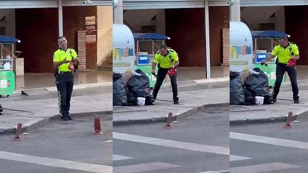 Kırıkkale'de bir trafik polisi, Zafer Caddesi'nde bulunan bir iş merkezinin önünden polis aracı ile geçerken çöplerin içine atılmış Türk bayrağını gördü.