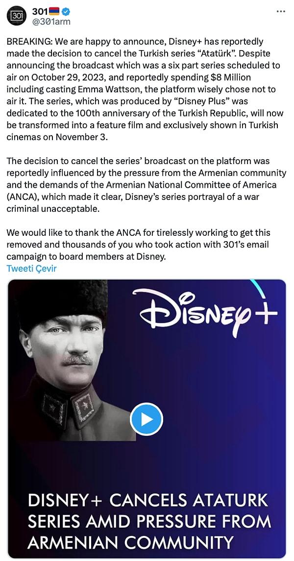 Geçtiğimiz saatlerde ise ortalığı epey karıştıran olaylar yaşandı. Önce, Ermeni haber sayfası 301, Atatürk filmini kaldırdığı için Disney'e bir teşekkür mesajı yayınladı👇