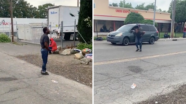 Amerika'da çekildiği söylenen bu videoda da bir kişinin ilk olarak sokak ortasında kontrolünü kaybettiği görülüyor.