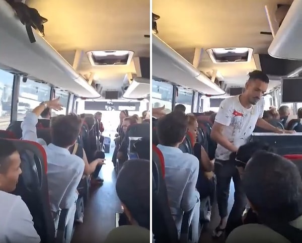 Görüntülerde 'Kadınlar var, çocuklar var, bu nasıl rezillik?' diyerek yolcuların tepki gösterdiği ve otobüs muavininin gelerek o kişiyi ve yanındakini otobüsten indirmeye çalıştığı görülüyor.