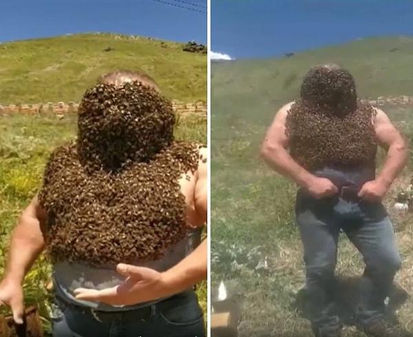 Kars'ta yaşayan ve 'arılara fısıldayan adam' olarak bilinen Yücel Üzeyir, binlerce arıyı vücudunda taşıyarak gövde gösterisi yaptığı anlarla gündem oldu.