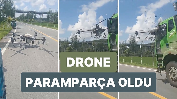 Havalanmak Üzere Olan Drone Bir Kamyonla Çarpışıp Paramparça Oldu