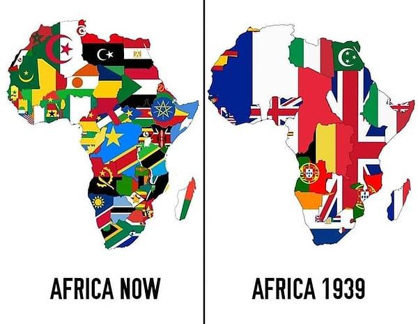 11. 1930'larda ve günümüzde Afrika'daki ülkelerin bayrakları.