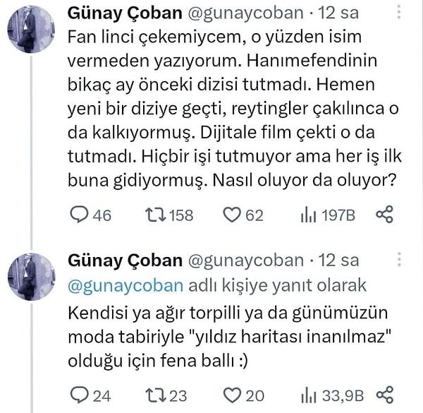 Şarkı yazarı Günay Çoban ise Twitter hesabında attığı tweetle Burcu Özberk'i hedef aldı...👇