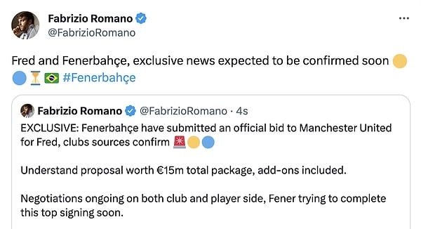 Fabrizio Romano, Fenerbahçe ile Fred'in anlaştığını ve yakın zamanda açıklamanın geleceğini söyledi.