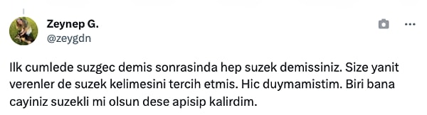 "İlk cümlede süzgeç demiş, sonrasında hep süzek demişsiniz. Size yanıt verenler de süzek kelimesini tercih etmiş. Hiç duymamıştım. Biri bana çayınız süzekli mi olsun dese afallardım."