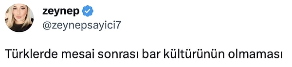 Twitter'da @zeynepsayici7 adlı bir kullanıcı, Türklerde mesai sonrası bar kültürünün olmaması gerçeğiyle ilgili bir tweet paylaştı. Tabii bizim milletten bu paylaşıma sosyolojik çıkarımlar gecikmedi.