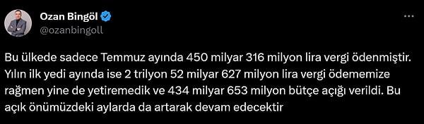 Vergi uzmanı Ozan Bingöl vergilerin toplam tutarını açıkladı. Bu hesaba göre Türkiye'nin 85 milyon vatandaşı kişi başı yaklaşık 5 bin 300 TL temmuz ayında devlete vergi verdi.