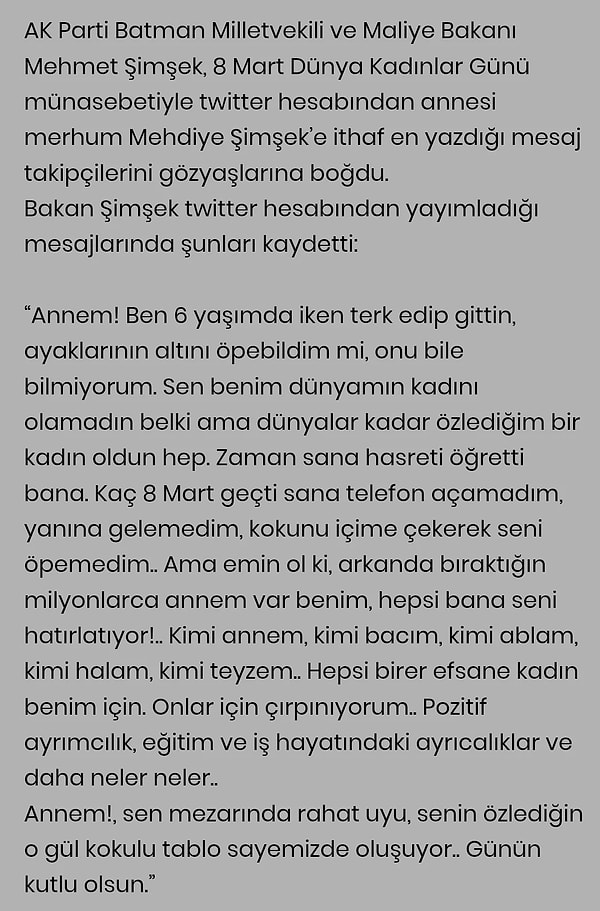 Tabii birkaç takipçisinin uyarısı üzere Şimşek'in bu paylaşımları küçük yaşta kaybettiği annesi anısına yazdığı ortaya çıktı.