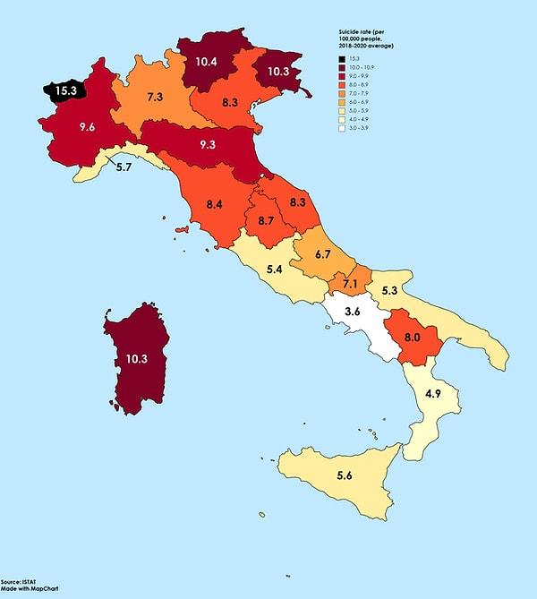 2. İtalya'daki şehirlerin her 100 bin kişi için intihar oranı.