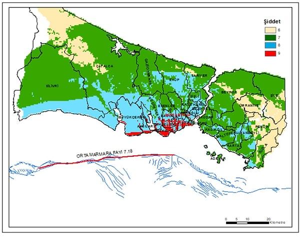 "SENARYO 2- Tekirdağ çukurluğu ile Yeşilköy açıkları arasında Orta Marmara fayı fay kırılırsa deprem büyüklüğü 7.2 olur, Büyükçekmece'den Eminönü'ne kadar sahile yakın alanlarda şiddet IX a, çok zayıf zeminlerde X değerine ulaşabilir."